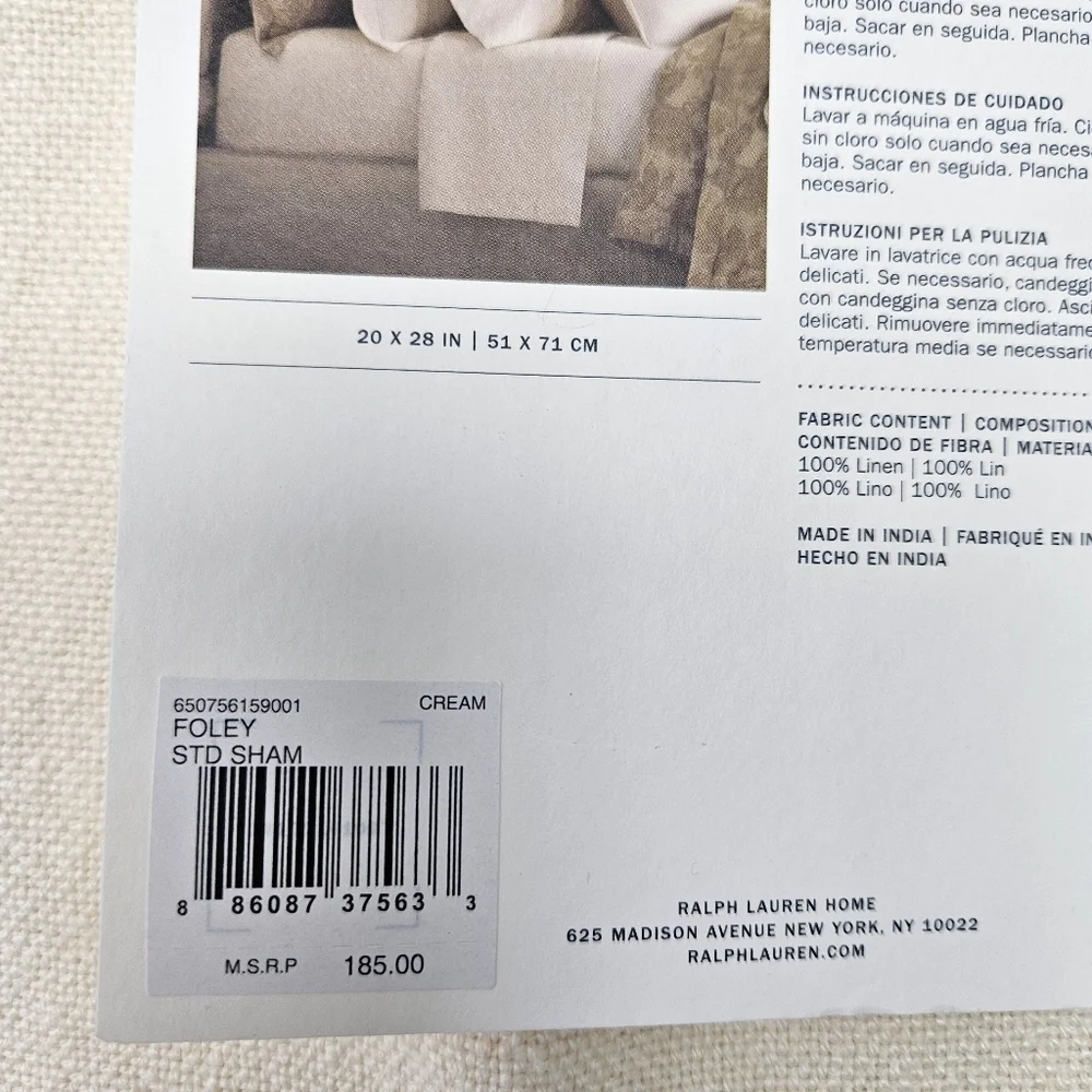 Ralph Lauren Standard Sham Foley Cream Linen 20 x 28 Neutral Natural Bedding